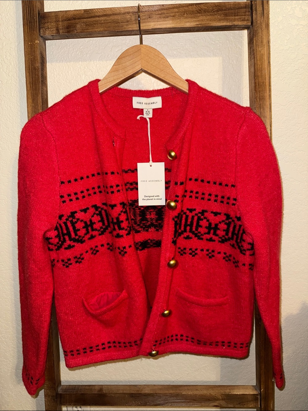 Free Assembly Red Patterned Button-Front Cardigan